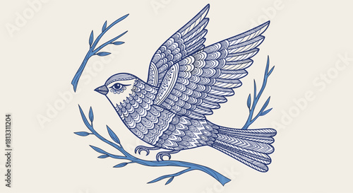 A beautifully detailed zentangle-style drawing of a bird with intricate patterns on its feathers perched on a tree branch.