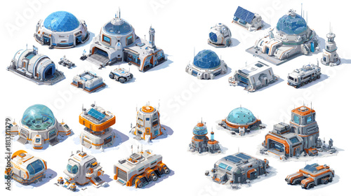 A detailed collection of space colony buildings featuring domes, labs, vehicles, habitats, and futuristic research modules designed for extraterrestrial environments.