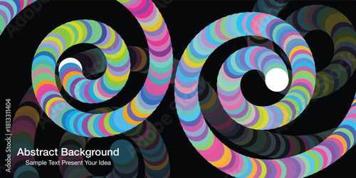 Abstract multicolors spiral pattern vector with curved segments and dynamic circular motion, creating an energetic background and modern visual style for cover page, website banner or digital artwork.
