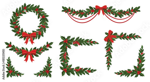 A festive collection of Christmas holly decorations including a wreath garlands and corner elements with red bows and berries.