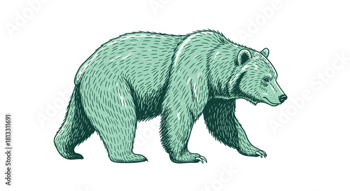 A hand-drawn vintage style illustration of a large green grizzly bear walking a powerful symbol of wildlife and nature.
