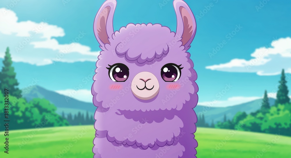 Obraz premium Purple Llama in Scenic Landscape: An endearing, purple-hued llama with captivating eyes graces a picturesque landscape, exuding charm and tranquility. 