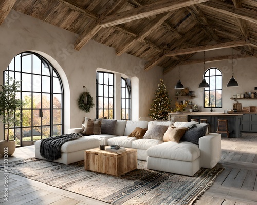 Cozy living room interior featu a sectional sofa and Christmas tree, bathed in natural light from large arched du daytime.