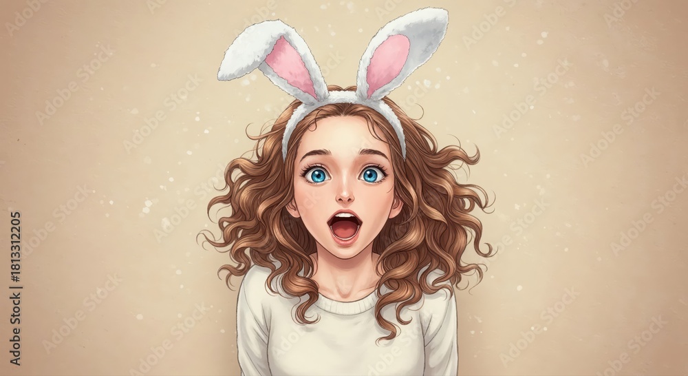 Fototapeta premium Unexpected Delight: A young woman, adorned with whimsical bunny ears, embodies surprise and joy. Captured in a dynamic illustration, the image highlights her wide-eyed wonder and cheerful spirit.