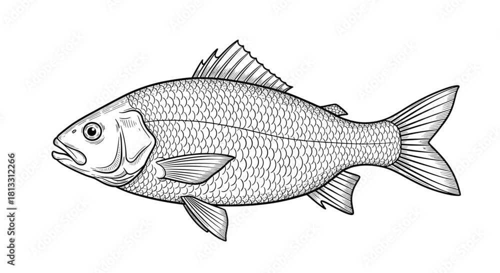 Fototapeta premium A detailed black and white vintage engraving illustration of a common bream fish a realistic drawing for fishing or seafood.
