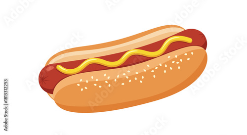 A delicious-looking cartoon hot dog in a sesame seed bun with a swirl of yellow mustard a classic fast food illustration.