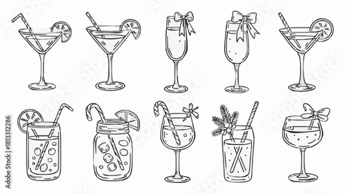 Christmas and Holiday Drinks Line Art Collection: Festive Cocktail Icons