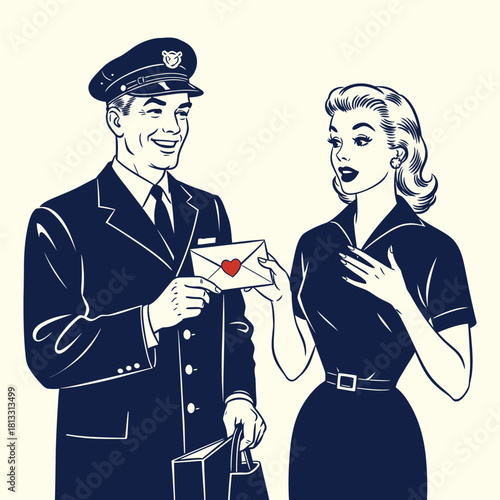 Vintage Postman Delivering Love Letter to Surprised Woman Vector Illustration