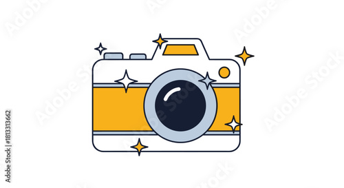A cute and sparkling cartoon retro camera icon with yellow and blue details and shiny stars isolated on a white background.