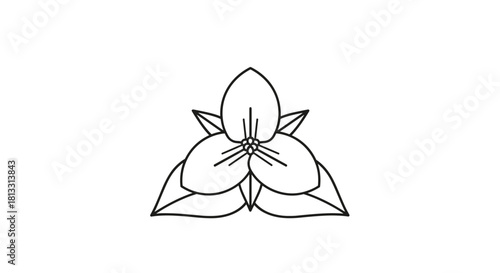 A simple and elegant black outline icon of a trillium flower with its characteristic three petals and three leaves.