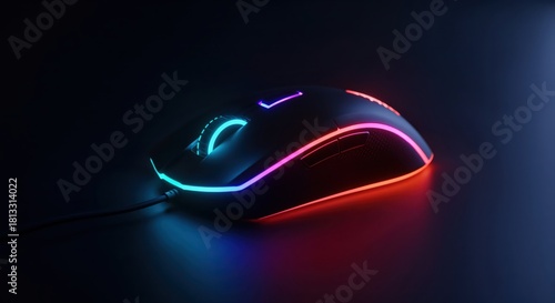 Gaming Mouse with LED Illumination: A gaming mouse glows with vivid LED lights against a dark backdrop, perfect for immersive gaming.