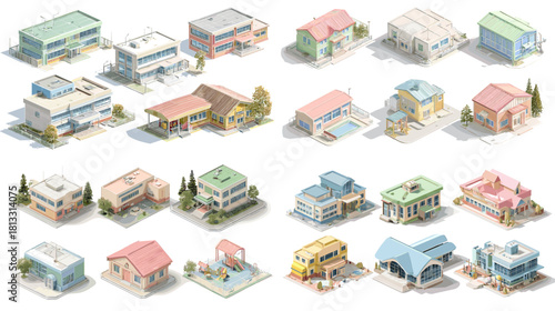 A detailed collection of suburban house and community building illustrations featuring schools, clinics, homes, and small public facilities with soft pastel colors and clean architectural design.