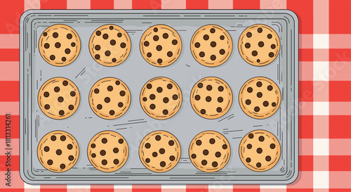 Top-down view illustration of a baking sheet full of fresh chocolate chip cookies on a red and white checkered tablecloth.