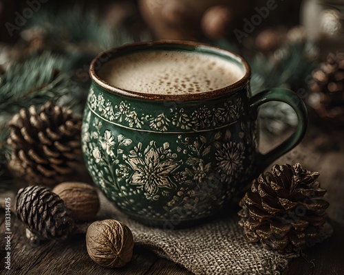 A cozy green mug filled with creamy coffee rests on burlap next to pinecones and walnuts, embodying winter holiday cheer and warmth now.