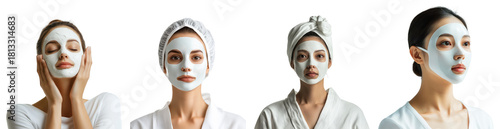 Facial Mask Treatment with Four Women in Self-Care Moments, Isolated on Transparent Background