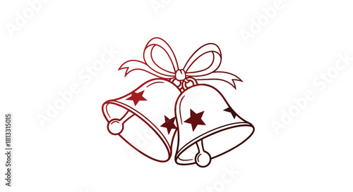 A simple red gradient line art icon of two jingle bells tied together with a festive ribbon bow for Christmas decoration.