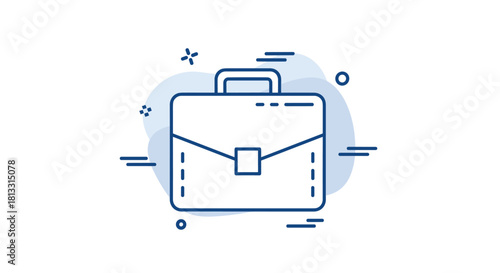 A modern line art icon of a business briefcase with an abstract blue watercolor-style shape and lines in the background.