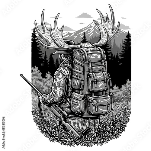 Hunter with moose antlers attached to a backpack carrying a rifle in a forest landscape drawing.