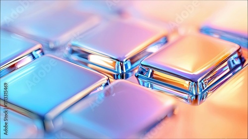 An abstract close-up of square, translucent tiles with a metallic sheen, reflecting soft, gradient light in blue, pink, and orange hues.
