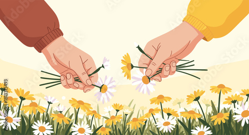An illustration of two hands gently picking white and yellow daisies in a beautiful sunlit field of wildflowers during spring.