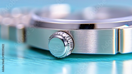 A detailed, close-up view of a silver watch's crown and brushed metal casing, set against a vibrant turquoise background.