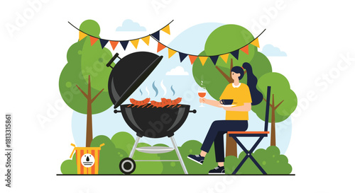 A flat design illustration of a woman relaxing with a glass of wine at a summer barbecue party in a green park.