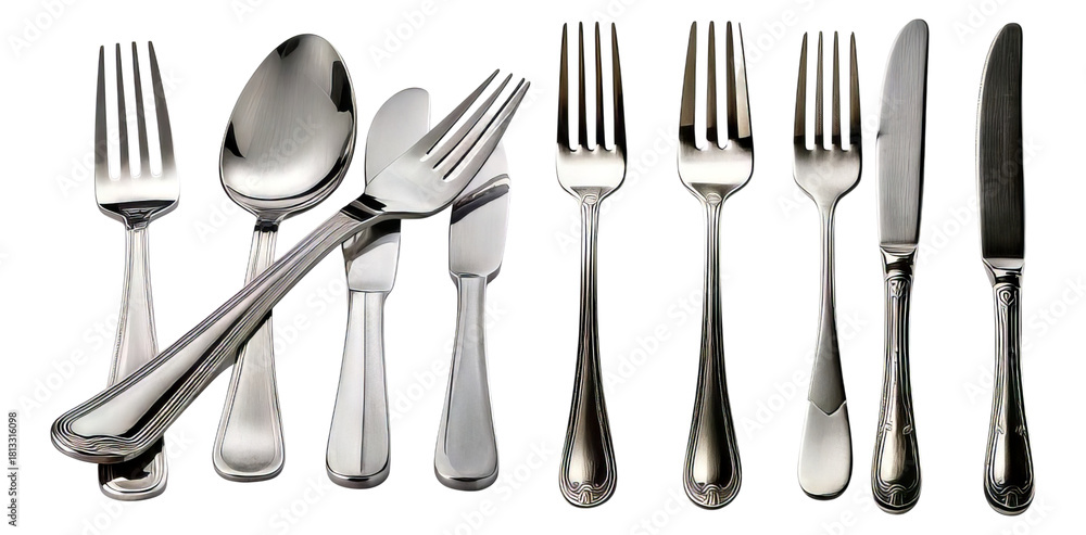 Fototapeta premium Collection of Silver Cutlery Including Forks, Knives, and Spoons, Isolated on Transparent, white background