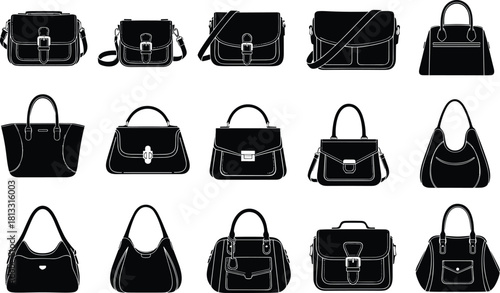 Diverse Set of Women's Handbags and Purses Silhouettes, Vector Collection of Fashion Accessories Including Totes, Shoulder Bags, and Messenger Styles in Black Icons.