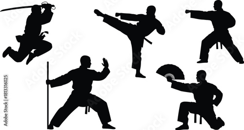 Martial Arts Silhouette Set: Dynamic Collection of Warriors in Action Poses, Featuring Kung Fu, Karate, and Samurai Fighting Techniques with Weapons and Fans.