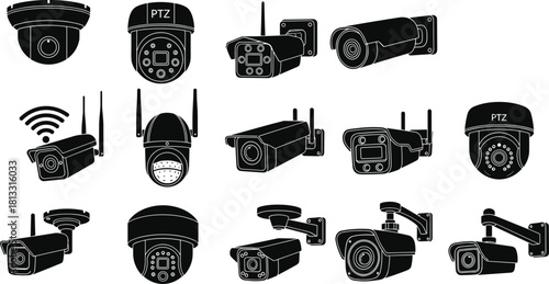 Security Camera Black Vector Icons Set, Surveillance Equipment Collection Featuring Bullet, Dome, and PTZ CCTV Cameras for Home and Business Protection  let, 