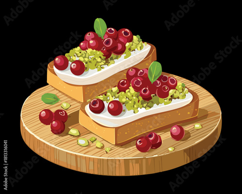 Two slices of toasted bread topped with creamy cheese, bright red cranberries, and fresh green pistachios, a festive and colorful holiday appetizer - Vector Illustration