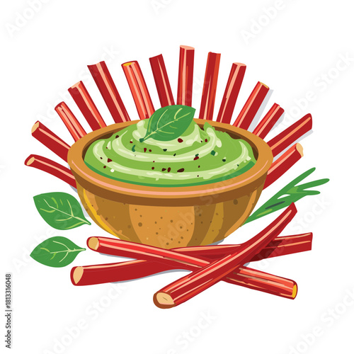 Rich green pistachio spread or dip in a white bowl, garnished with mint and served with crunchy cinnamon sticks, ready for festive snacking - Vector Illustration