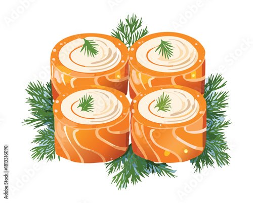 Four gourmet sushi rolls made with smoked salmon and rice, topped with fresh green herbs and sesame seeds, a visually appealing Asian delicacy - Vector Illustration