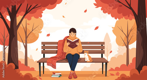 A young woman wearing a cozy sweater reads a book on a park bench with her cat during a beautiful autumn day.