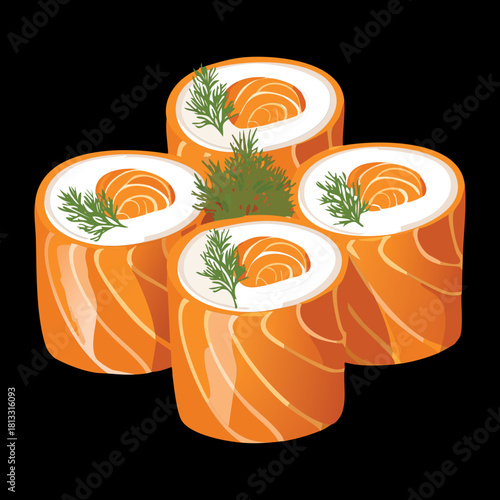 Delicious smoked salmon sushi rolls wrapped in rice, garnished with fresh green dill sprigs, a gourmet and colorful seafood appetizer - Vector Illustration