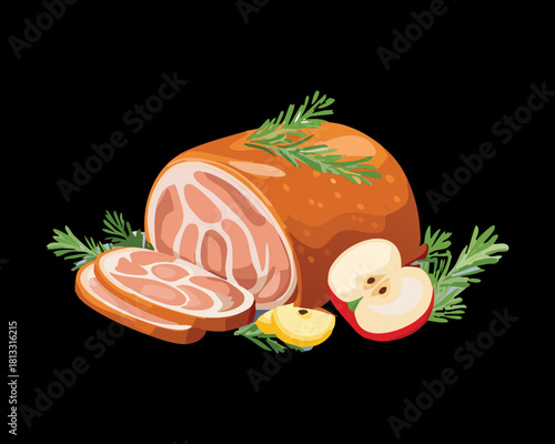 Thick slice of rich, glazed holiday ham with a bone, served on a red and white checkered napkin, garnished with fresh cranberries and herbs - Vector Illustration