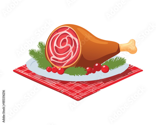 Large, succulent roasted turkey or chicken leg, perfectly seasoned and served on a red and white checkered napkin with vibrant cranberries - Vector Illustration