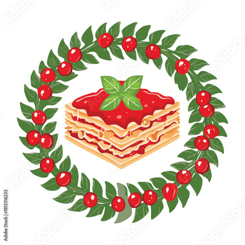 Round wreath made of fresh green holly and bright red berries, framing a layered stack of rich beef lasagna with sauce and cheese - Vector Illustration