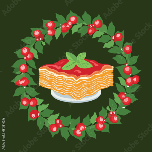 Stacked portion of rich beef lasagna with sauce and white cheese, artistically framed by a vibrant green holly and red berry wreath - Vector Illustration