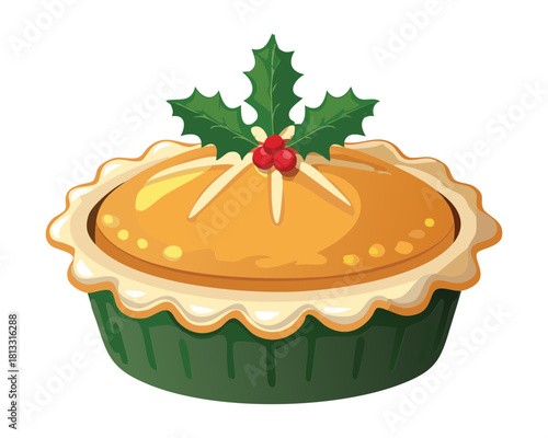 Traditional golden-crusted pie with a decorative crimped edge, filled with a savory or sweet filling, and garnished with bright red holly and a golden berry - Vector Illustration