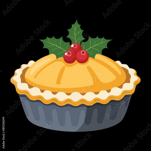 Golden holiday shortcrust pie with a decorative crimped edge and a savory filling, topped with a single golden berry and fresh holly sprigs - Vector Illustration