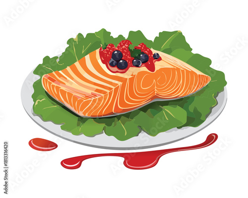 slices of moist salmon fillet served on a bed of fresh green lettuce, topped with black peppercorns and red berries, a sophisticated seafood plate - Vector Illustration