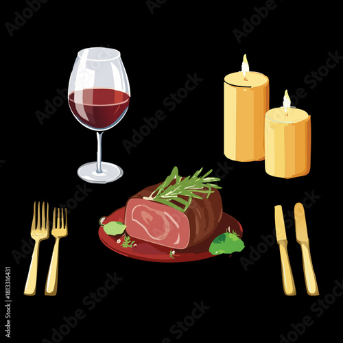 Fine dining setting with a rich roasted meat joint, a glass of red wine, and flickering candles, for an intimate and luxurious holiday dinner - Vector Illustration