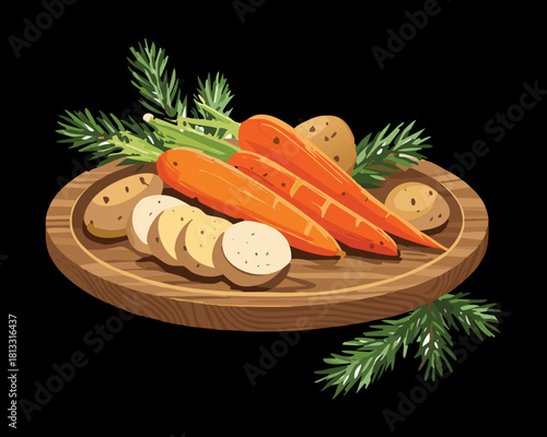 Rustic wooden platter piled with whole potatoes and carrots, garnished with fresh rosemary sprigs, ready for roasting and a holiday meal - Vector Illustration