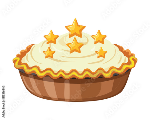 Classic holiday savory pie filled with meat or vegetables, featuring a top crust decorated with star shapes, and a creamy golden filling - Vector Illustration