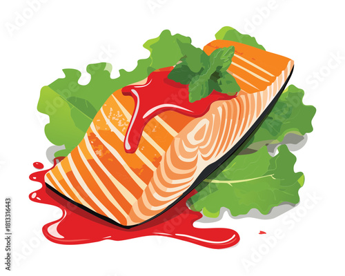 Generous portion of baked salmon fillet served on a bed of fresh green lettuce, drizzled with a rich red sauce, highlighting a healthy meal - Vector Illustration