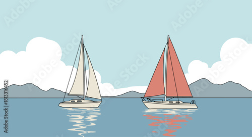 An illustration of two sailboats with white and red sails floating on calm water with mountains in the background.