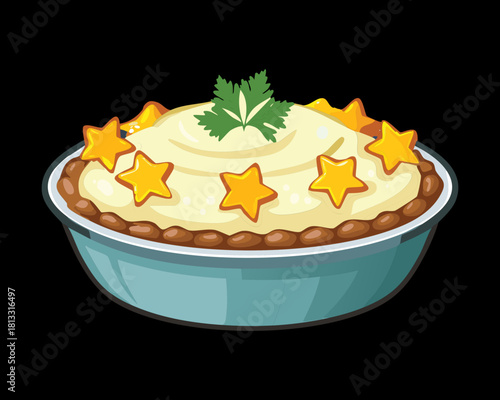 Rich, creamy mashed potatoes in a rustic blue bowl, topped with a pat of melted butter and fresh green parsley for a wholesome side dish - Vector Illustration