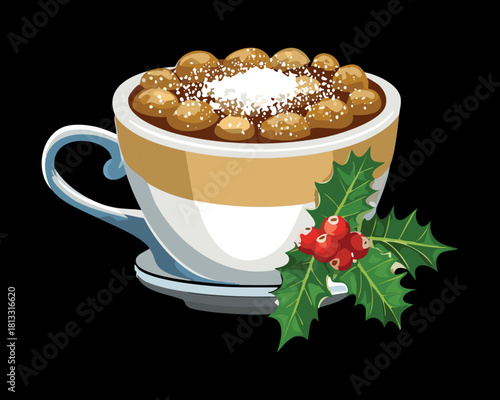 Elegant cup of hot coffee or cocoa topped with a generous sprinkle of white shredded coconut, served on a black saucer for a sophisticated treat - Vector Illustration
