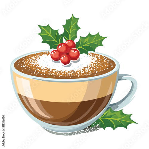 Single cup of rich hot chocolate or festive latte, topped with frothy cream, holly sprigs, and a dusting of cocoa powder for Christmas - Vector Illustration